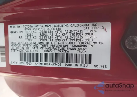 2010 Toyota Tacoma из США, поврежденный, VIN 5TETX4CN7AZ741674